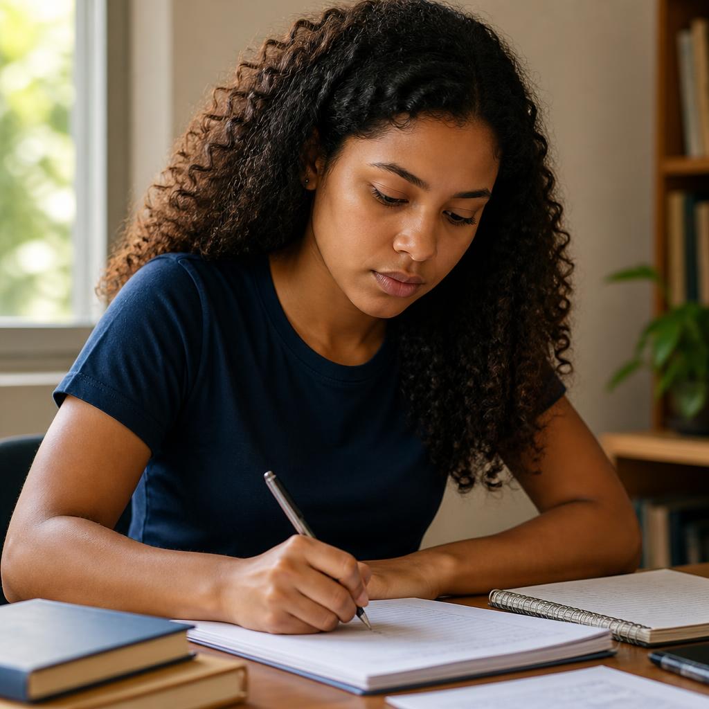 Estudante concentrada escrevendo a redação em folha pautada
